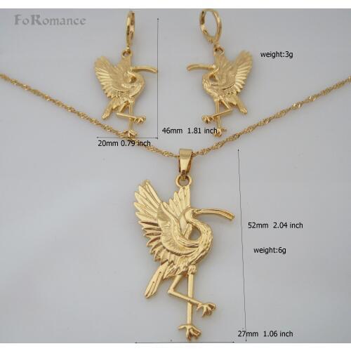 FoRomance- HIGH QUALITY GOLD GP OVERLAY BIRD WATERFOWL LONG BEAK PENDANT 18" WATER WAVE LINK CHAIN NECKLACE EARRING SET