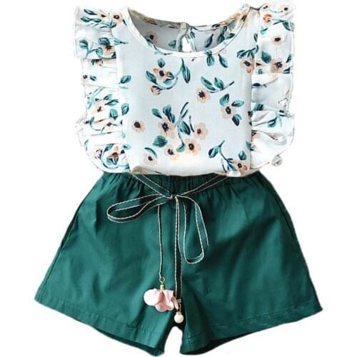 Girls Sets New Summer Floral Sleeveless Chiffon Top T Shirt Solid Shorts 2PCS Baby Kids Suit Fashion Children Clothes 2-6 Years