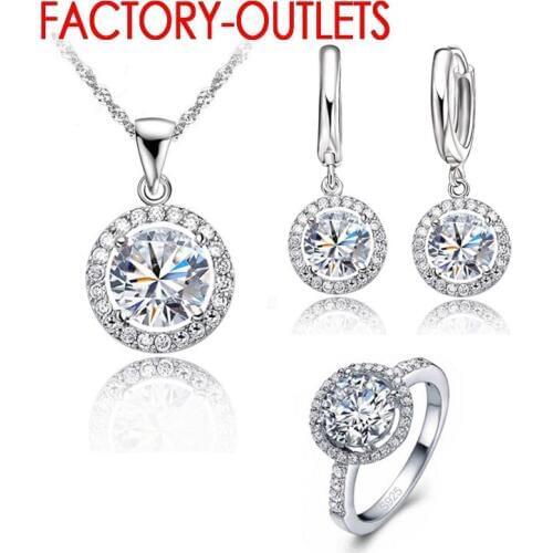 925 Sterling Silver Bridal Jewelry Sets Round Cubic Zirconia Necklaces Hoop Earrings Rings Women Girls Engagement Anniversary