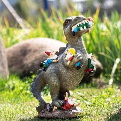 Newest Dinosaur Eating Gnomes Figurines Resin Sculpture Dinosaur Dwarf Animal Statue Outdoor Creative Props Crafts Accessories