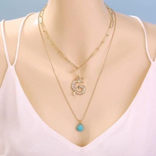 2021 new dragon-shaped pendant necklace water drop trend fashion OT buckle double layer necklace female