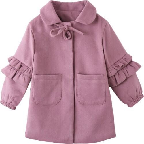 Girls Clothes Autumn Winter 2020 Children Fashion Solid Thick Warm Medium Long Woolen Coat Lapel Bow Neckline Jackets 3-12 Year