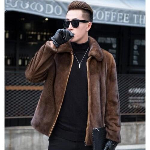 Autumn faux mink fur leather jacket mens Lapel zipper winter brown warm leather coat men loose jackets jaqueta de couro B349