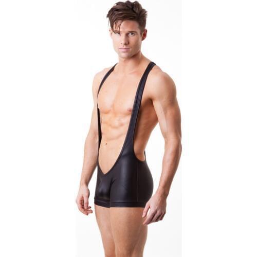 Drop Shipping 12PCS/LOT Faux Leather Wrestling Singlet Mens Sexy Siamese Boxers Underwear Leotard Black/Gold/Silver S M L XL