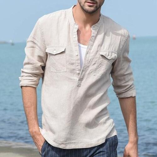 2020 Fashion Casual Shirt Mens Loose Cotton Linen Pocket Solid Color Long Sleeve Shirt Casual Comfortable Mens Shirts Silk