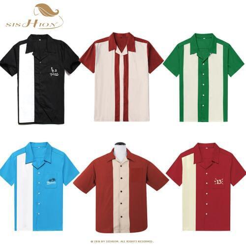 SISHION L-3XL Plus Size Men Shirt ST126 Short Sleeve Black Red Rockabilly Bowling Cotton Casual Shirts for Men camisa masculina