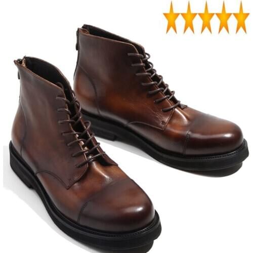 Boots 2021 Men New Vintage Genuine Leather British Lace Up Round Toe Ankle Shoes Quality Black Brown Work Safety Booties