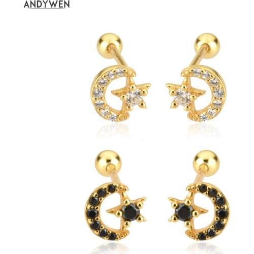 ANDYWEN 925 Sterling Silver Summer Star Moon Stud Earring Piercing Classic Zircon Black White Pendiente Rock Punk Wedding Jewelr