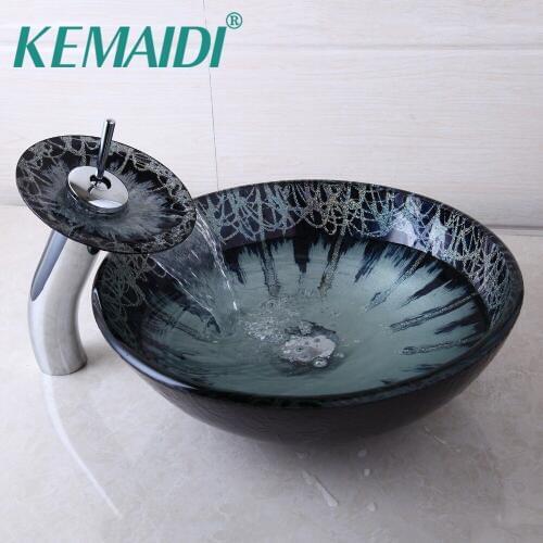 KEMAIDI Modern Bathroom Novel Glass Basin Sinks Waterfall Chrome Faucet Bathroom Deck Mounted Sinks Faucet With Pop Up Drain