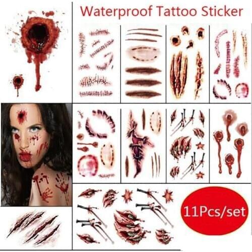 11Pcs Halloween Tattoo Sticker Fake Wound Scar Bruise Decoration Zombies Cosplay