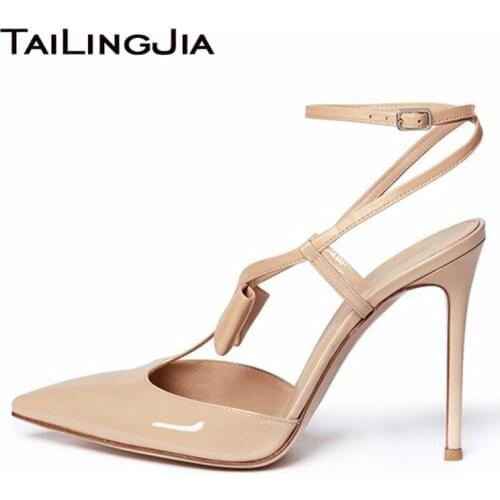 Nude Cute Ankle Strap High Heel Pointed Toe Woman Pumps Buckle Knot Ladies Party Wedding Dress Shoes Large Size Free Shipping