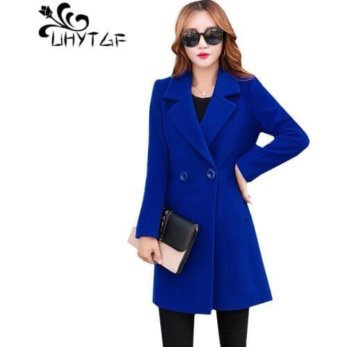 UHYTGF Autumn Coat Women Imitation woolen Jacket Female Long Winter Coat Women Plus size Suit collar Woolen ladys Overcoats 662