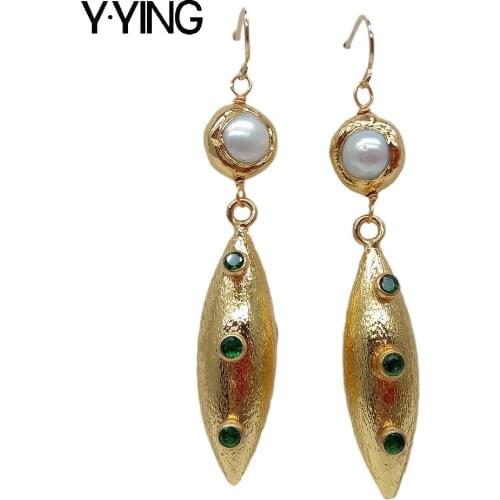 Y·YING Shuttle Shape Brushed Bead Gold color Plated White freshwater Pearl Cz Pave Dangle Hook Earrings
