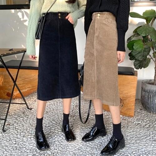High Waist Midi Corduroy Side Slit Skirt Women A-line Loose Streetwear Skirts Female Pockets Denim Skirts 2021 Autumn Winter