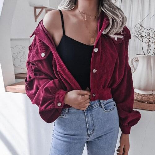 2021 Women Corduroy Jacket Solid Color Lantern Sleeve Lapel BF Style Coat Fall Winter Elegant New Loose Casual Short Jackets