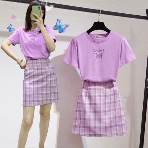 Ins Fashion Purple Short Skirt Suit High Waist Plaid Skirt + Short Sleeve Top Female Two-piece Skirt