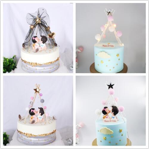 1Pcs Pink Blue Soft Pompom tent Cake Topper Baby Shower Birthday DIY Cake Top Flags Decoration wedding Festival Party Supplies