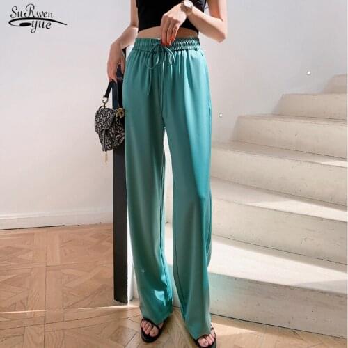 2021 Elastic Waist Wide Leg Pants Women Solid Plus Size Silk Satin Green Pants Female Casual Straight Loose Trousers 16467
