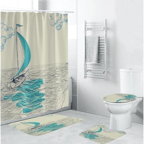 4Pcs/Set Creative Home Ocean Wave Sailboat Printing Shower Curtain Bathroom Mat Toilet Seat Washable Non-slip Floor Mat Set