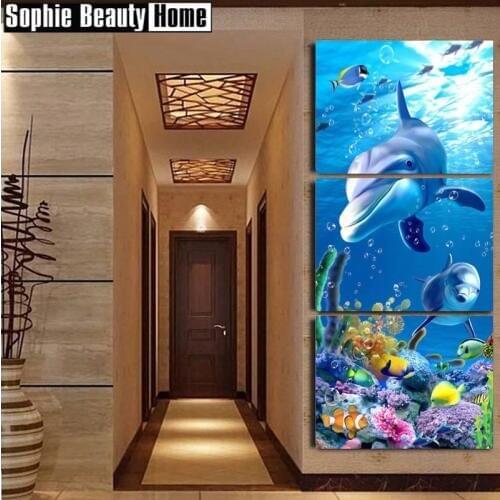 5D DIY Diamond Painting Dolphins Fish Full Drill Mosaic Rhinestone Cross Stitch Animal Kits Handmade Embroidery Crafts 195010