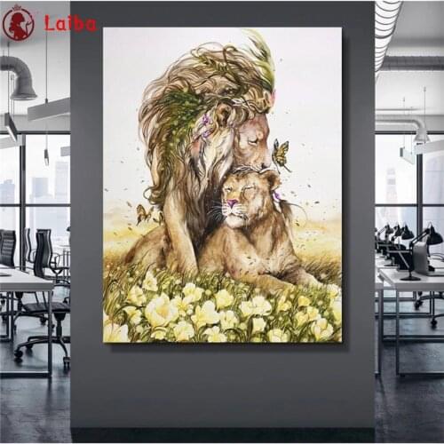 Full square Round drill Diamond embroidery Abstract animal art, loving lion, flower 5D DIY diamond Painting Cross Stitch Mosaic