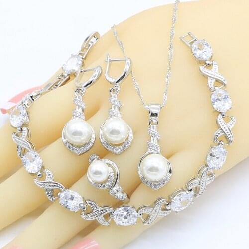 White Pearl 925 Silver Jewelry Sets for Women White Zircon Bracelet Earrings Necklace Pendant Rings Gift Box for Jewelry
