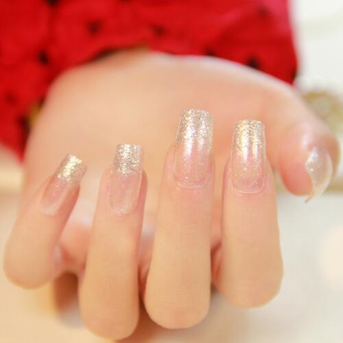 Bling Art False Nails Glitter Decoration Clear Pre-designed Ladies French Nails Manicure Full Cover Flat Tips Z298