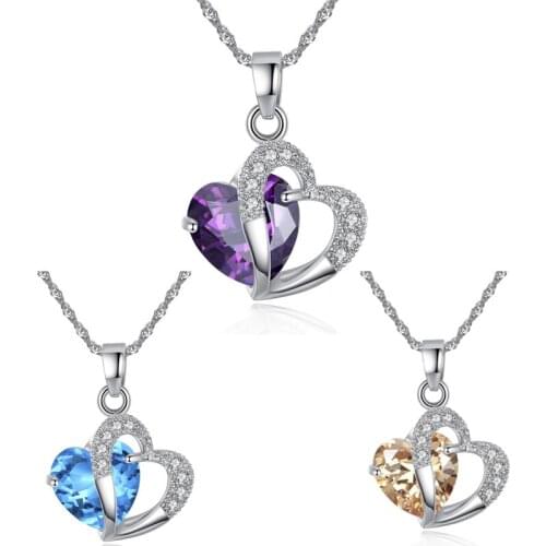 Fashion Hot Sale Blue Purple Crystal Heart-shaped Clavicle Chain Temperament Girls Hollow Heart-shaped Pendant Whole Sale