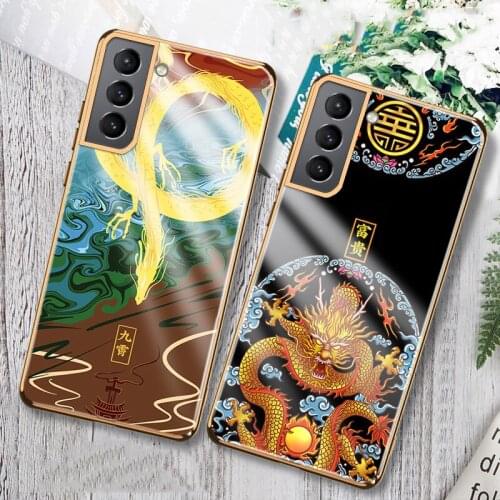 Luxurious Funda Case for Samsung Galaxy S21 Ultra S21 Plus Note 20 Ultra Dragon Crane Tempered Glass Coque Phone Case Cover Capa