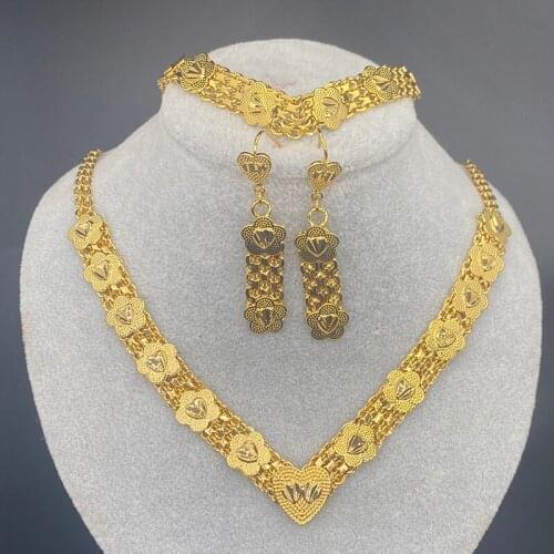 Flower Jewelry set for Women Gold Color & Copper Love Necklace Earrings Bracelet Heart Wedding Birthday Party Gift