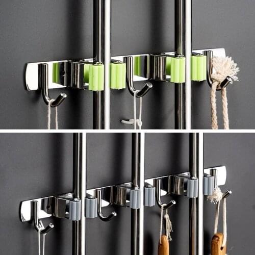 Stainless Steel Broom Holder Multifunctional Wall Mounted Mop Organizer Heavy Duty Practical Clip Kitchen Bathroom Storage Rack