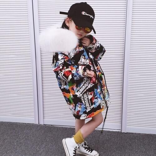 Graffiti Winter Childrens Real Fur Coat Girl Boy Long Parkas Detachable Rex Rabbit Liner Denim Loose Hooded Warm Thick Jacket