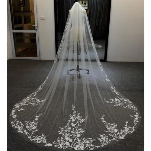 Long Bridal Veil One Layer Wedding Veil Lace Appliques Elegant Cathedral White Ivory Veil Vestido De Noiva Longo Custom Made
