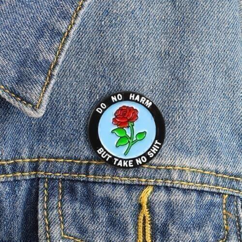 DO NO HARM BUT TAKE NO SHIT New round red rose badge blue bottom red rose brooch round brooch protection plant brooch craft gard