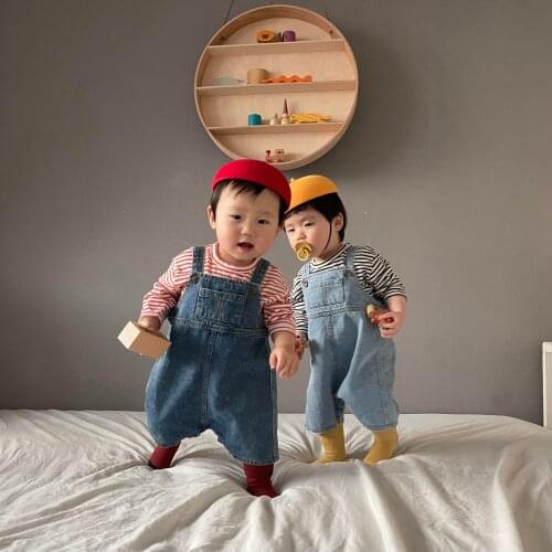 Newborn Infant Cotton Long-sleeved Kids Denim Overalls Children Striped T-shirt Spring Fall Boys Girls Pullovers Baby Clothes
