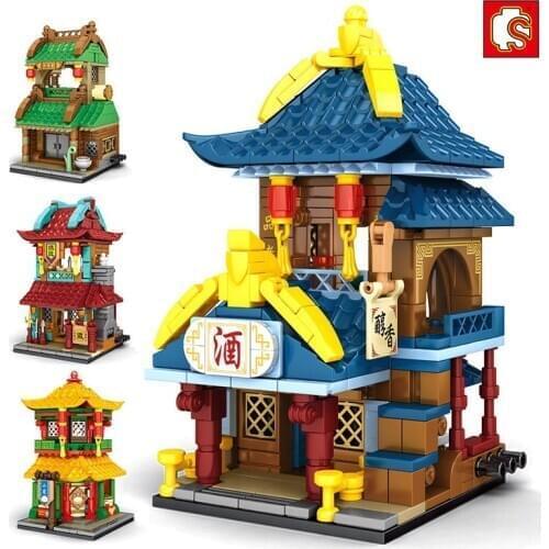 SEMBO Chinese Street Building Blocks for Kids Juguetes Wine Shop Creator City Store Architecture Compatible Bricks Girl Boy Toys