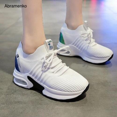 Fashion Breathable Mesh Women Shoes Wedges Heel Shoes Ladies Knitting Sock Sneakers Women Platform Casual Shoes Size 35-40