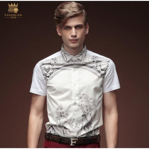 Fanzhuan Free shipping New Spring male summer mens short sleeved white printing shirt collar 15359 Partys personality On Sale