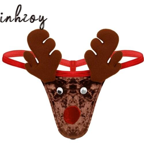 Men Lingerie Novelty Christmas Reindeer Costume Soft Velvet Low Rise Sexy G-strings Thongs Festival Rave Party Xmas Underwear