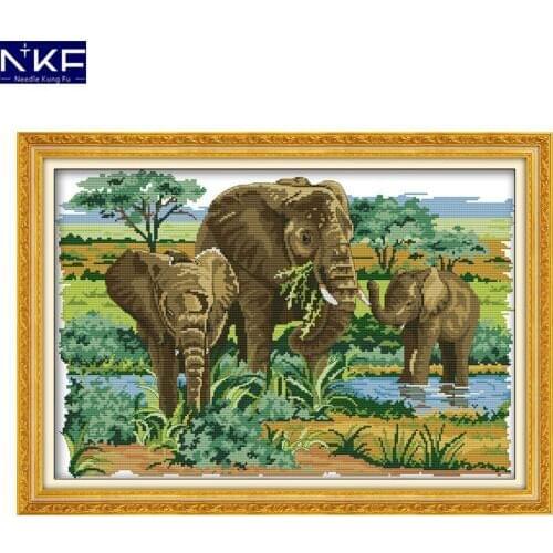 NKF Foraging Pattern Elephants Cross Stitch 11CT 14CT DIY Kits Handmade Crafts Chinese Cross Stitch Embroidery Needlework Sets