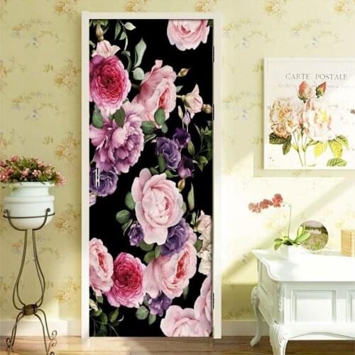 DIY Door Sticker 3D Nordic Hand Painted Rose Mural Wallpaper PVC Self-adhesive Wall Sticker Decal Living Room Door Decor Poster