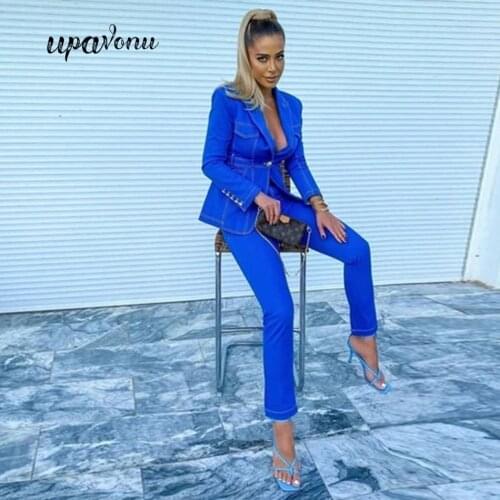 New WomenS Pants Set Button V-Neck Suit Jacket And Pants 2020 Office Clothes WomenS Blazer Set Elegant Blue Denim Blazer Set