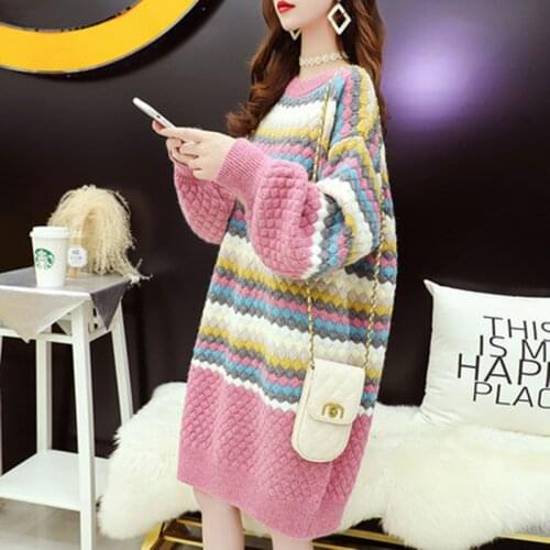Autumn Winter Knitted Dress O-neck Lantern sleeve Loose Short Dress 3 Color Choose Striped Oversize Bottoming Sweater Dress