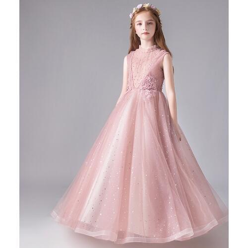 Pink Tulle Beads Flower Girl Dresses For Wedding Party Wedding Dreeses Floor Length Princess Ball Gown First Communion Dresses