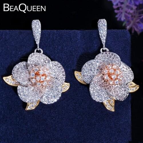 BeaQueen Luxury 3 Tones Leaf Flower Drop Full Micro Cubic Zirconia Paved Wedding Party Earrings Fashion Jewelry for Women E268