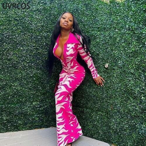 UVRCOS Streetwear Women Vintage Clothes 2021 Fashion Autumn Long Sleeve Print Turn-down Collar Buttorn Sexy Cleavage Midi Dress