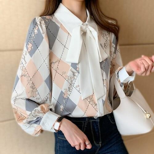 Lady Bow Tie Shirt Rhombus Pattern Long Sleeve Casual Tops Designer Blouses Women Print Streetwear OL Blouse Formal Loose Blusas