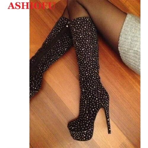 ASHIOFU New Handmade Women Knee-high Boots Striper Club Party Prom Sexy Platform Boots Large Size Evening Fashion Long Boots