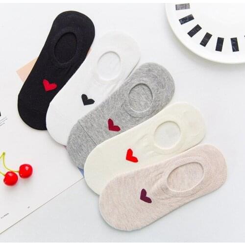 Women Silicone Anti-slip Invisible Socks Summer Solid Color Cotton Ankle Boat Socks Heart Print Female No Show Socks Slippers