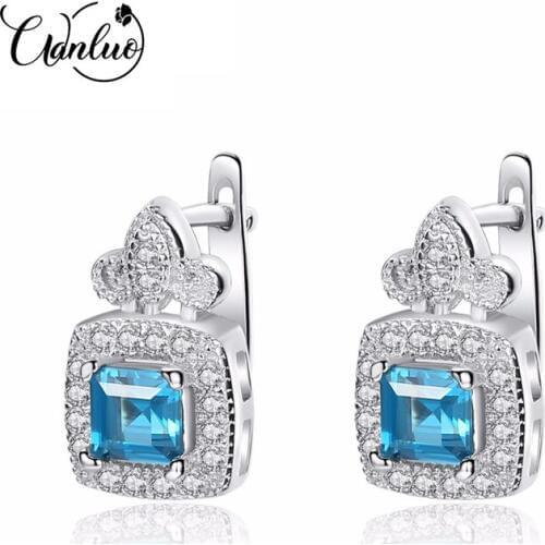 WANLUO Blue Topza Earrings for Women 925 Sterling Silver Tiny CZ Paved Clip Earring for Women Fine Jewelry Gift Boucle D Oreille